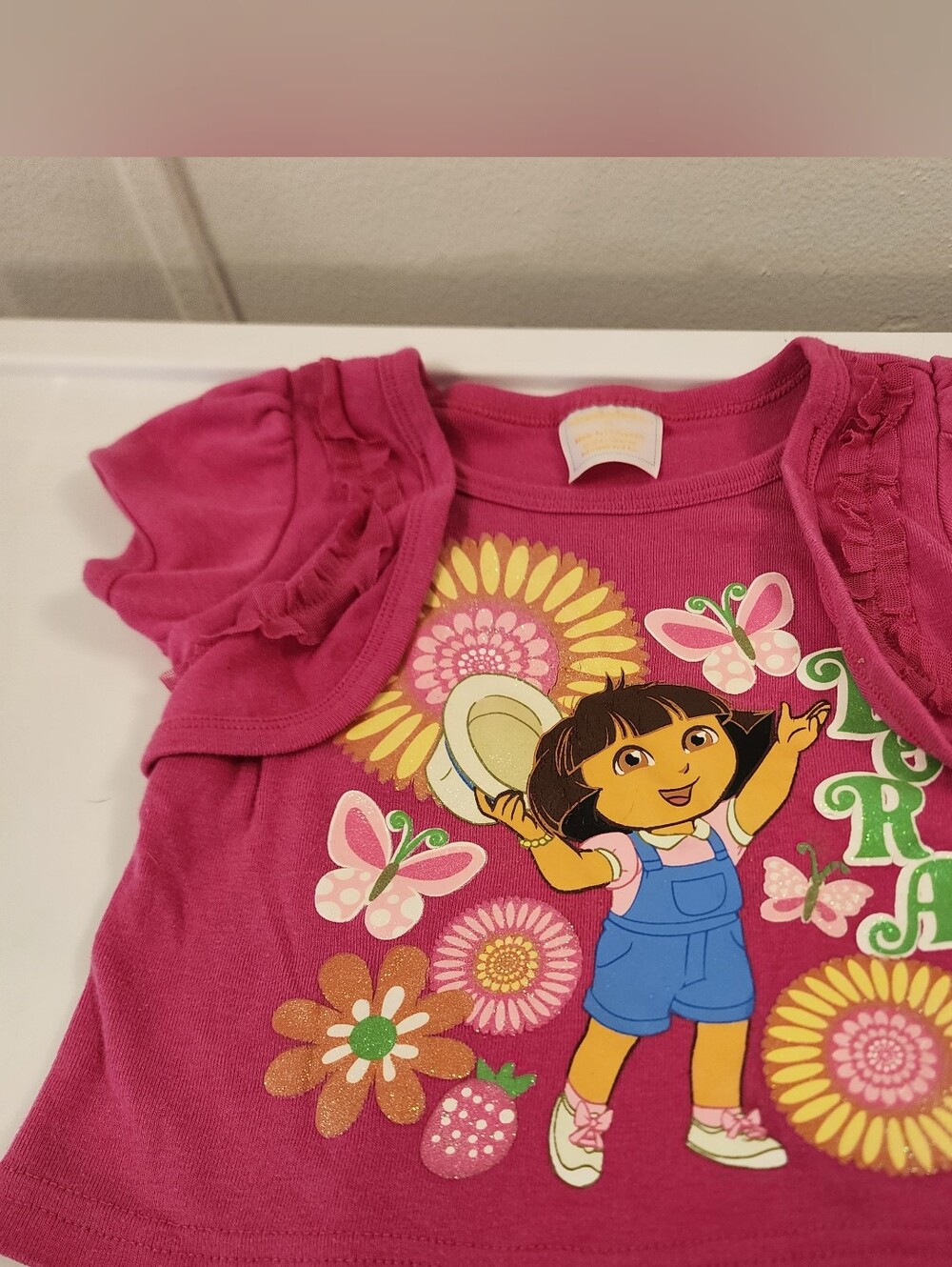 Dora the Explorer Pink Tee Shirt Glitter Floral Faux Shrug Size 3T Vintage Y2k